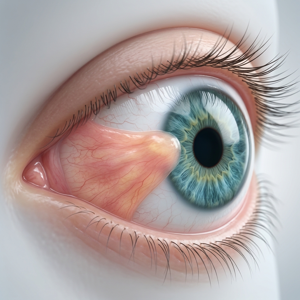 Ilustración médica de un ojo con pterigión